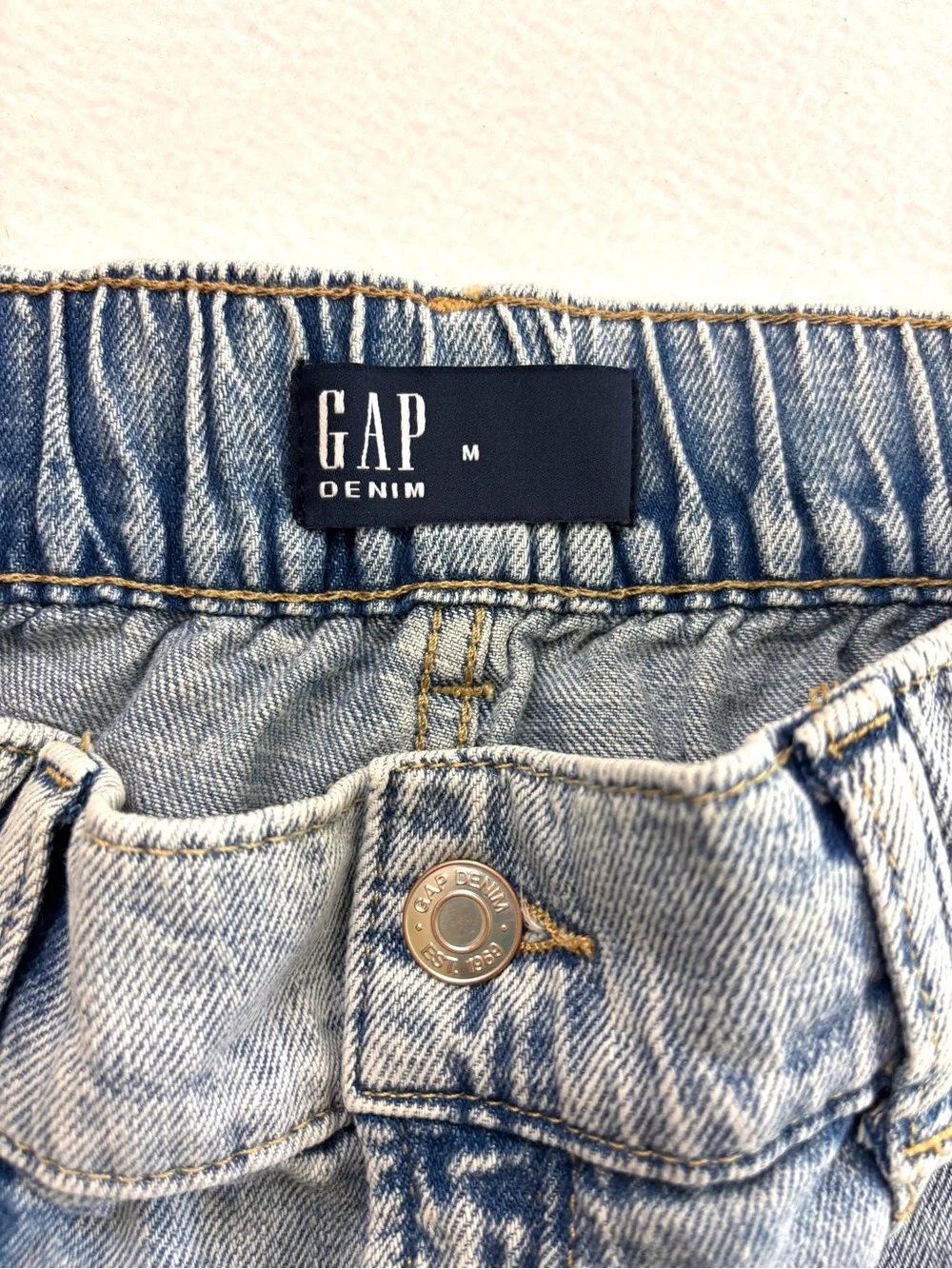 Gap Easy Denim Utility Short Elastic High Rise Front Patch Pockets Acid Wash (M)